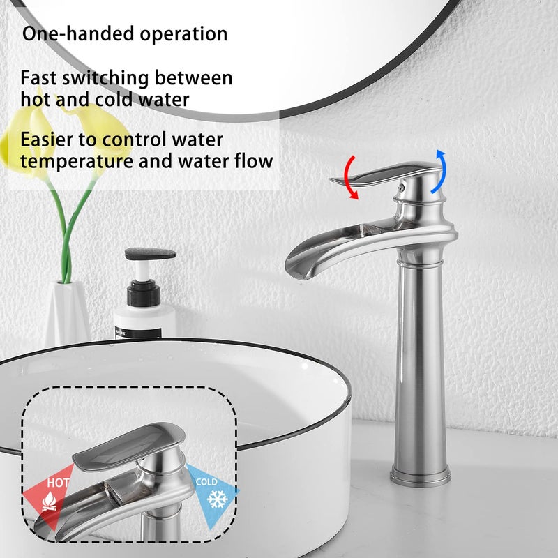 GGStudy Bathroom Faucet Brushed Nickel Waterfall Single Handle One Hole Tally Body Farmhouse Bathroom Vessel Sink Faucet Matching with Pop Up Drain - Image 3
